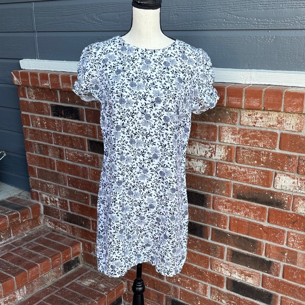 LOFT Blue & White Floral Puff Sleeve Mini Dress Size 12 Boho Summer Shift